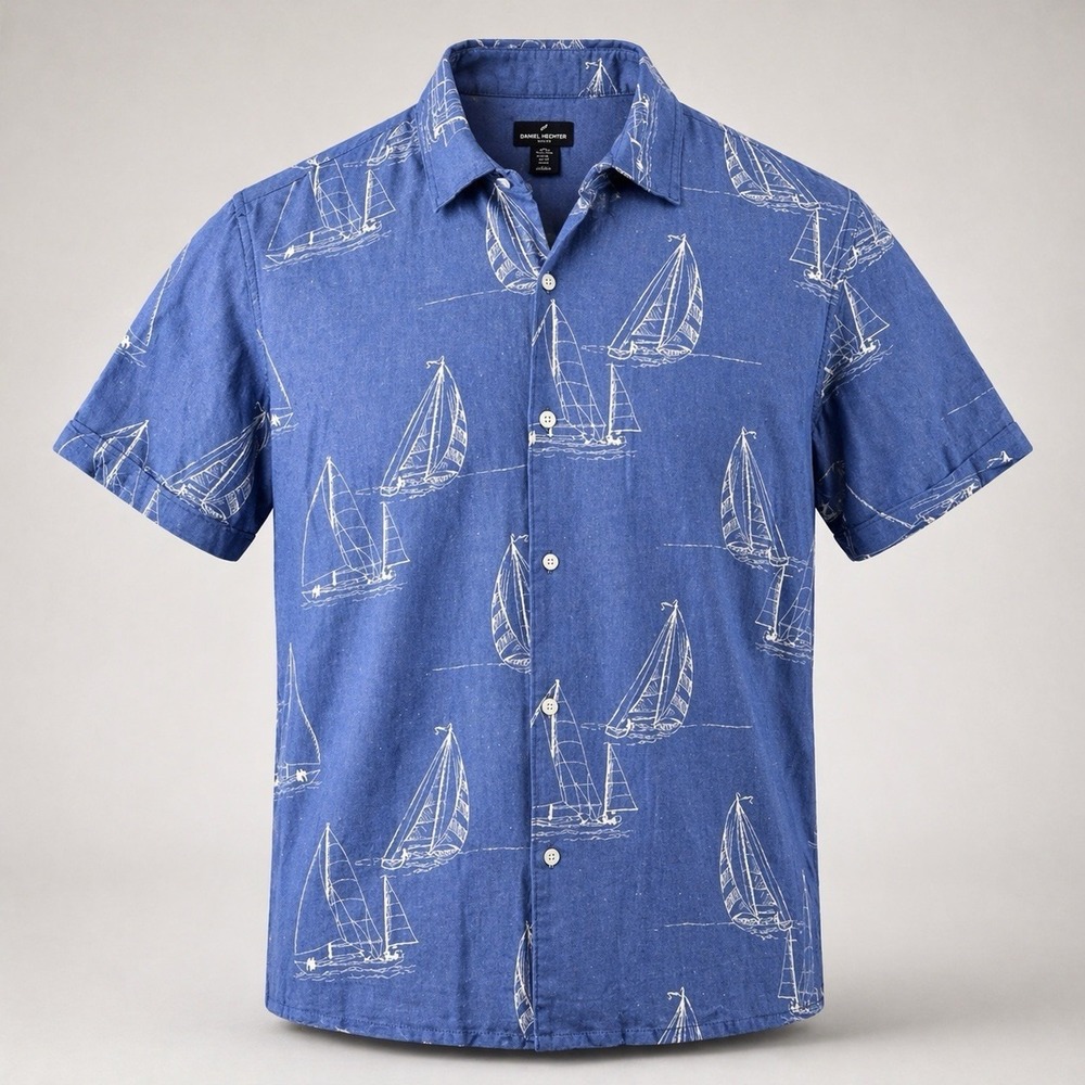 Daniel Hechter Mens XL Blue Sailboat Nautical Button Up Shirt Linen Rayon Beach